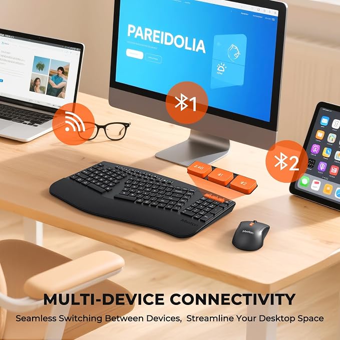 MEETION Ergonomic Split Keyboard and Mouse Combo, Bluetooth Wireless | Full-size keyboard with multi-device, adjustable 4 DPI mouse, designed for comfortable use with PC, laptop, tablet and Mac - Image 4