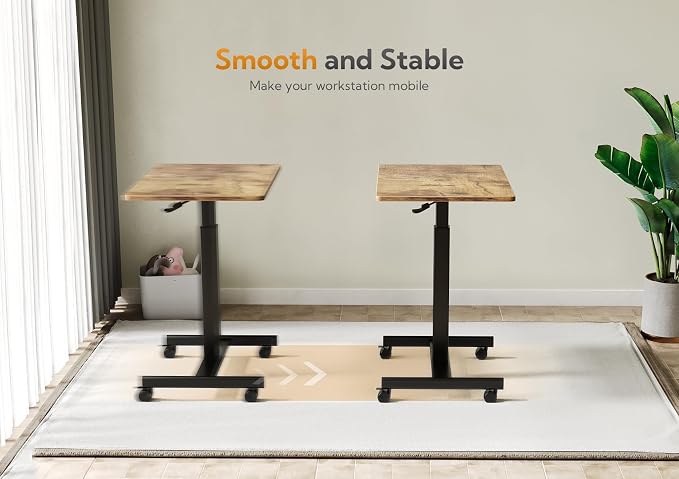 Claiks Mobile Rolling Desk Small Portable Laptop Cart on Wheels, 28" Brown | Rolling Adjustable Desk, Lockable Wheels, Gas Spring Lift, Side Hook, Easy Assembly - Image 2