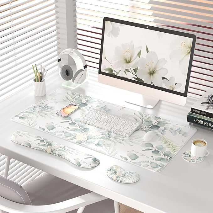 QIYI PU Leather Desk Mat Set, 4-in-1 Ergonomic Wrist Rest, Eucalyptus Leaf | Waterproof Large Mouse Pad 31.5×15.7 + Keyboard Wrist Rest + Mouse Wrist Support+Coaster, Non-Slip Office Gaming Accessories - Image 2