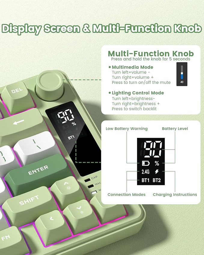 Womier DK75 75% Wireless Gaming Keyboard, RGB Backlit Creamy Keyboard with Media Knob, OLED Screen, Tri-Mode 2.4GHz/USB-C/BT5.0, Anti-Ghosting No-Conflict Silent Membrane Keyboard for MAC Windows - Image 4
