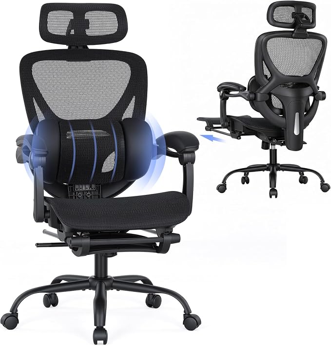 MALOL Ergonomic Mesh Office Chair with Footrest, Executive High Back Computer Desk Chair with 3D Adjustable Headrest & 5-Level Lumbar Support, Reclining Tilt Lock, 3D Arms, 300LBS Capacity, Black by MALOL