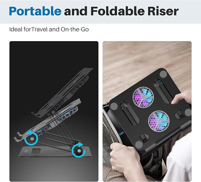 YICOSUN Adjustable Laptop Cooling Stand with 2 Quiet Fans & RGB Lighting, Aluminum Alloy & Foldable Ergonomic Design for MacBook, Lenovo, ASUS, Dell 10-16 Inch, Perfect for Gaming, DJ, Office - Black - Image 4