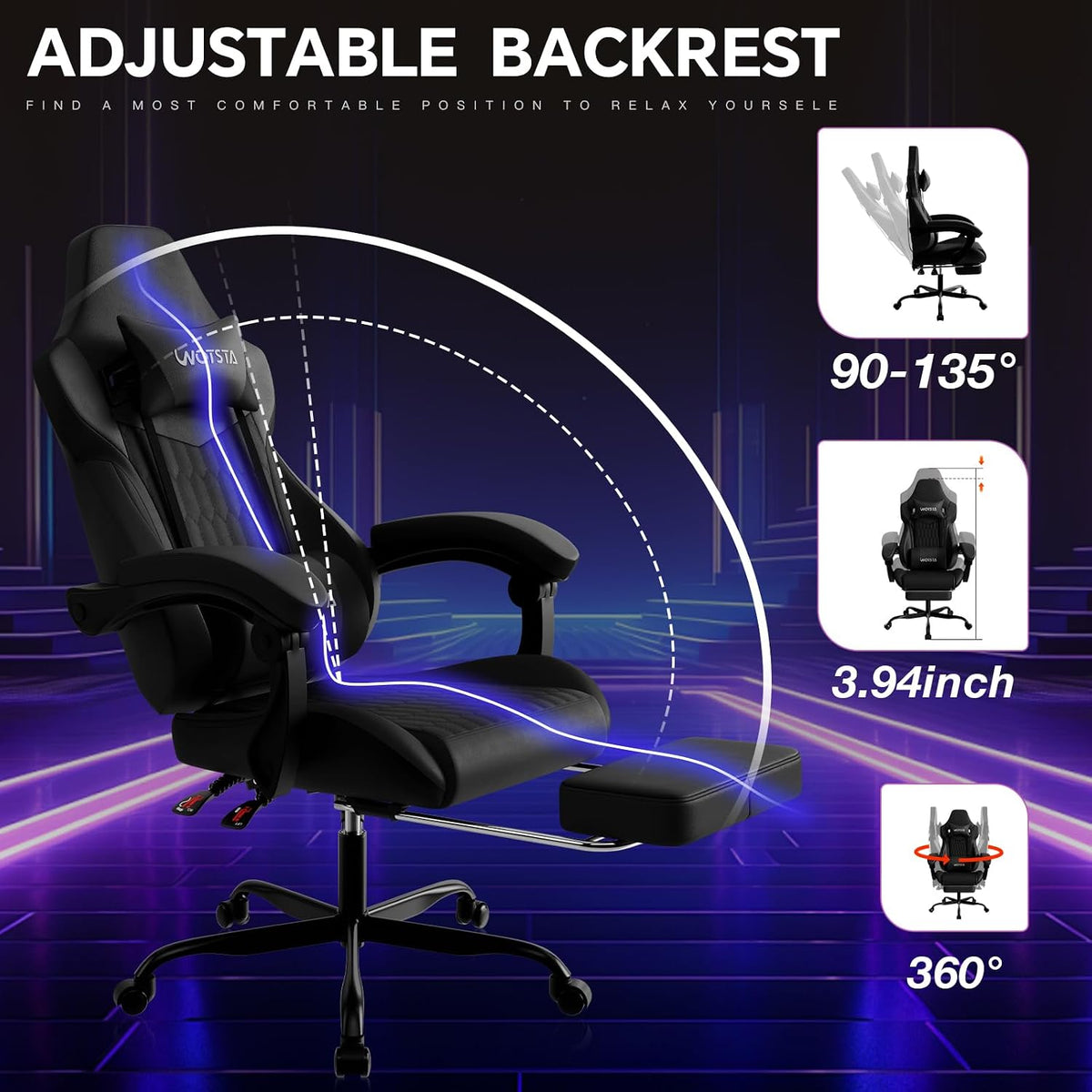Gaming Chair with Footrest, High Back Gaming Chairs PVC Leather Ergonomic Gamer Chair with Adjustable Headrest Lumbar Support Racing Style Video Gaming Chair for Office/Home (Black) - Image 4