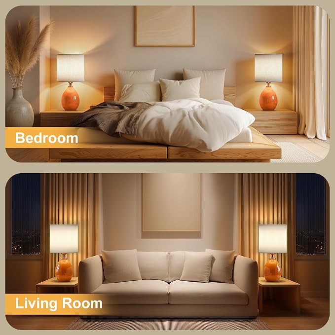 18.5" Ceramic Table Lamps Set of 2 for Living Room Bedroom, Orange | Bedside Lamps for Bedroom Nightstand, Ice Crackle Home Bedroom Living Room Decor, Linen Fabric Shade, 3-Color Temperature - Image 6