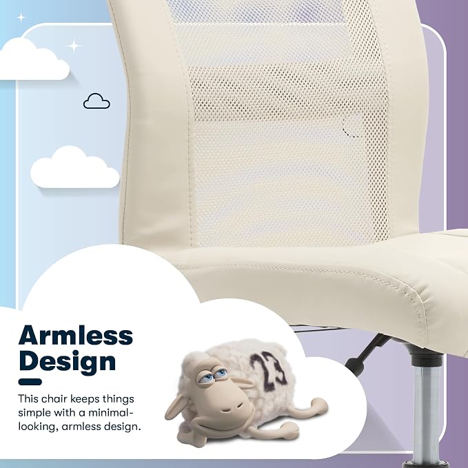 Serta Armless Small Home Desk Chair with Wheel, Ergonomic Mesh Office Chair | Essentials, Leather & Foam Cushioned Seat, Adjustable Height, Bedroom & Small Space Vanity Chair, 360° Swivel, Cream White - Image 6