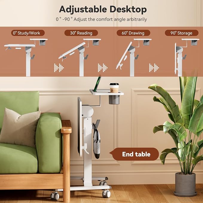 28" Mobile Standing Desk, Tiltable Top with 2-Tier Shelves, White | Pneumatic Rolling Desk, Adjustable Height Computer Workstation, Sit Stand Portable Drafting Table & Laptop Cart on Wheels - Image 4