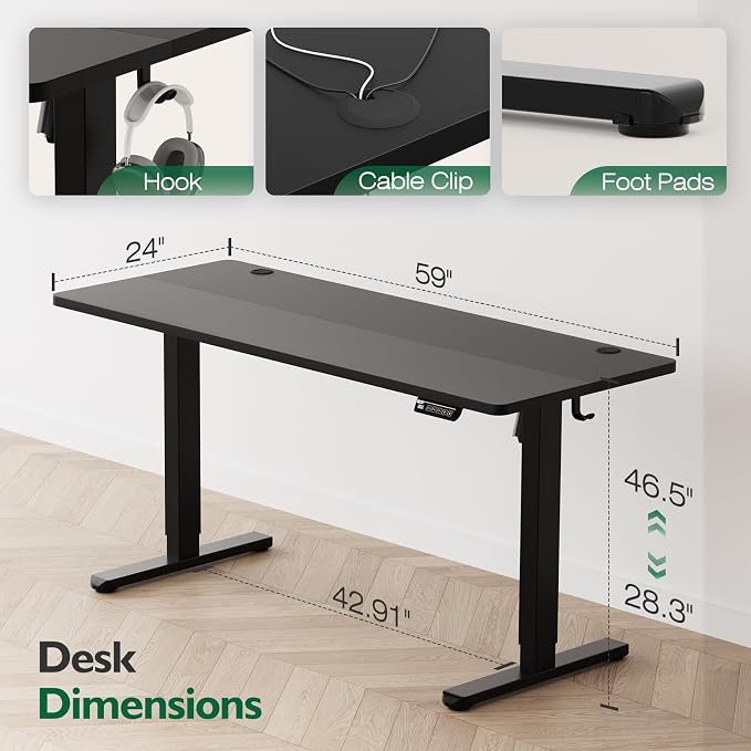 Monomi 59" Electric Standing Desk,Adjustable Height Sit Stand Up Desk,Black | Ergonomic Home office Computer Desk Workstation,Gaming Desk with Memory Height,Headphone Hooks,Anti-Collision - Image 3