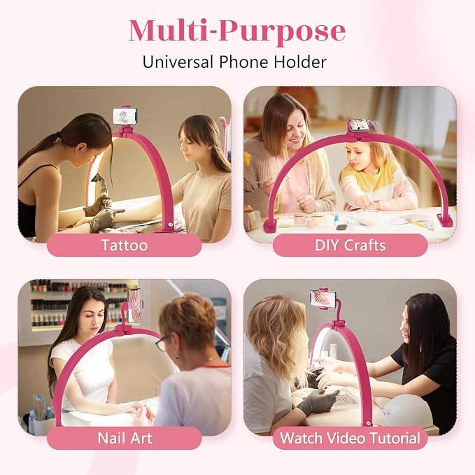 Yokilly Half Moon Light for Nail Desk: 29" Foldable Nail Light for Desk | AB Diamonds Arch Nail Tech Light with Phone Holder for Beginner - 3 Color Modes & 10 Brightness for Manicure Salon-RoseRed - Image 6
