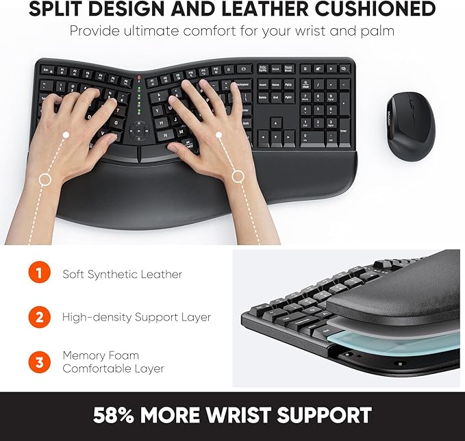 MEETION Ergonomic Keyboard and Mouse Combo, Split Design, Vertical Mouse | Rechargeable full-size keyboard with cushioned wrist rest, 2.4GHz USB receiver, natural typing, for Windows, Mac, PC, laptop - Image 2