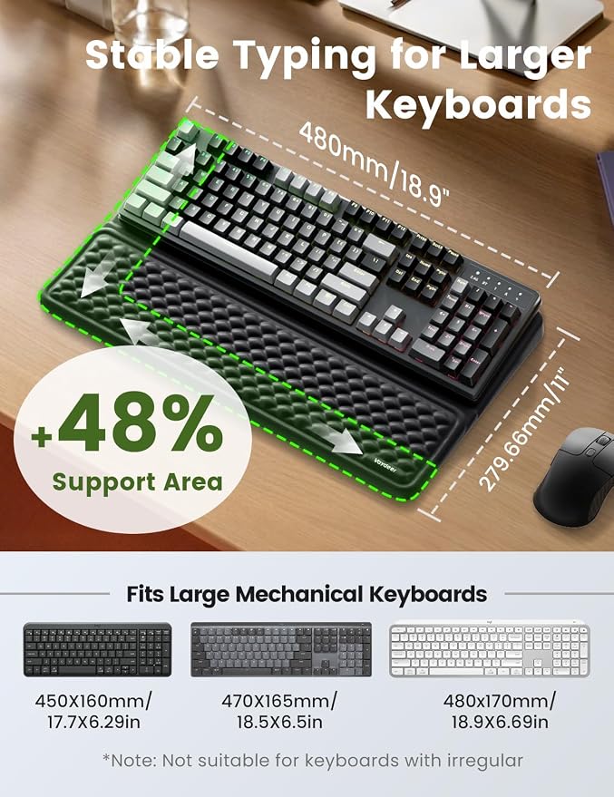Vaydeer Extra-Large Wrist Rest with Keyboard Stand, Ergonomic Wrist Support Pad, Soft Memory Foam Wrist Cushion for Mechanical 100% Full-Size Keyboard, Carpal Tunnel Pain Relief, Black - Image 3