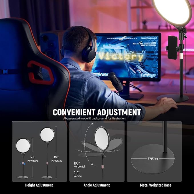 NEEWER Basics 2 Pack 10.5" Desktop LED Ring Light with Stand for Desk/Phone Holder, 3000-6500K Full Screen 15W Panel Lighting for iPhone Recording Streaming Selfie Laptop Webcam Video Conference, R10 - Image 5