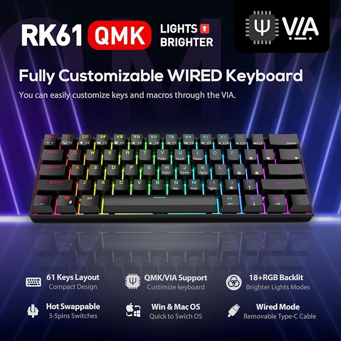RK ROYAL KLUDGE RK61 Wired 60% Mechanical Gaming Keyboard Programmable QMK/VIA RGB Backlit 61 Keys Ultra-Compact Hot Swappable Brown Switch Black - Image 2