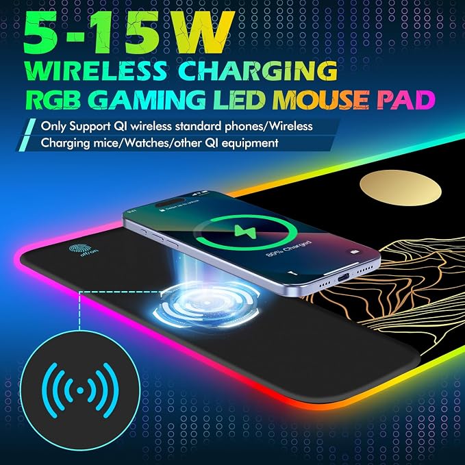 ToLuLu RGB Wireless Charging Gaming Mouse Pad, 7.5/10/15W 10 Light Modes LED Mouse Pad Computer Keyboard Mat Mousepad, 800x300x4MM Extended Large Desk Mat Desk Pad, Sun Shines Over Golden Mountain - Image 2