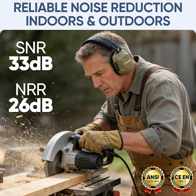 TICONN Noise Cancelling Ear Muffs for Adults, SNR 33dB Hearing Protection, Adjustable Safety Earmuffs for Construction - Image 2