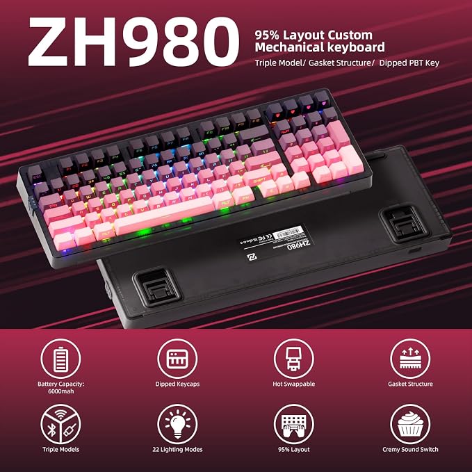 ZORNHER ZH980 Mechanical Keyboard Wireless,95% Pink Creamy Keyboard with Number Pad,Gaming Keyboard with Number Pad,Lighted Up PBT Keycaps,Creamy Sounding Linear Switches,Full Size - Image 2