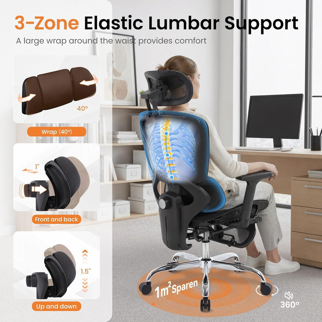 LuxErgo High Back Ergonomic Mesh Office Chair, Home Desk Chair with Adjustable Lumbar Support Foot Rest, 3D Headrest and Armrests, 350lbs Big and Tall High Back Reclining Gaming Chair, Black - Image 4