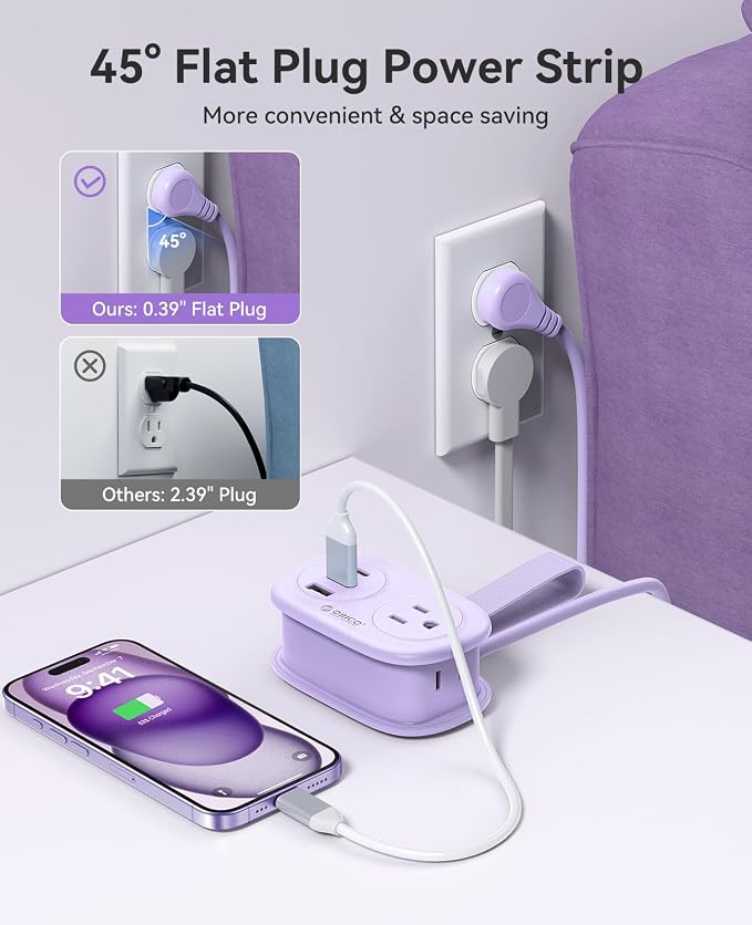 ORICO Cruise Approved Power Strip for Travel, 5 in 1 Extension Cord | with 2 AC Outlets 2 USB-A and 1 USB-C Ports , 3.7 ft Flat Plug Wrap-around Power Strip for Cruise Office, Hotel, Home - Image 5