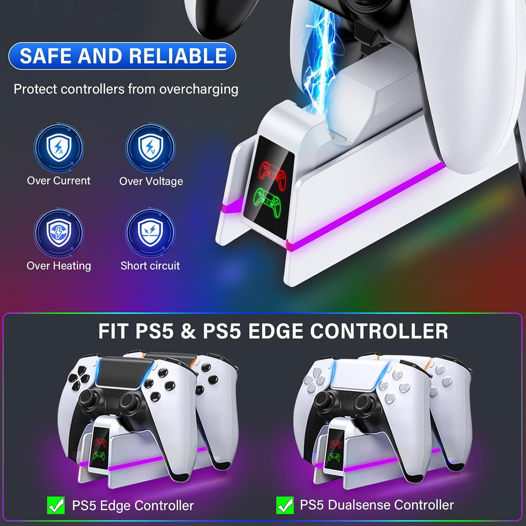 PS5-Controller-Charger-Station - Charging Station for PlayStation 5 Dualsense/Edge Controller with 9 Color Led Light, Fast Charging Dock & Holder Stand for PS5/Slim/Pro Remote - Whole White - Image 5