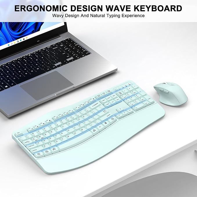 Wireless Keyboard and Mouse Combo, 2.4G Ergonomic Wave Key(Mint Green) | Full Size Wave Keyboard with Wrist Rest, 3-Level DPI Adjustable Ergonomic Mouse for Windows and Mac OS Desktop/Laptop/PC - Image 2