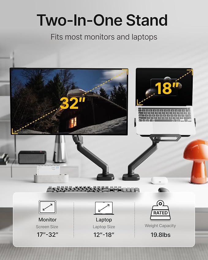 monTEK 2-in-1 Laptop & Monitor Desk Mount, Fits 12–18"Laptops & 32" Screens | 2-in-1 Desk Mount with Removable Vented Laptop Tray, Full Motion Arm with Clamp/Grommet Base, 75/100 VESA Mount - Image 2