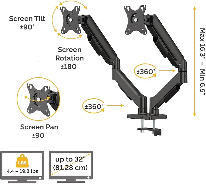 Fellowes Everyday Plus Dual Gas Spring Monitor Arm Holds Two Screens up to 32" Weighing 4.4-19.84 lbs ea, Height Adjusting, Tilt, Swivel, Rotate, VESA 75/100, Clamp or Grommet Mount, Cable Management - Image 3