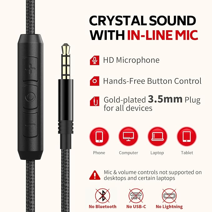 AC01 Over Ear Headphones Wired with Mic Volume Control, 3.5mm Jack | Corded Stereo Headsets for Adults Teens Kids Headphones for School Classroom Chromebooks Laptop Tablets Travel, Black Red - Image 5