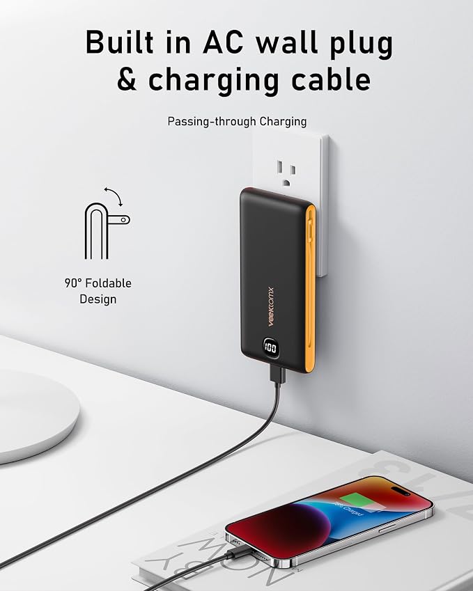 VEEKTOMX 10000mAh Portable Charger with Built-in Cables & Wall Plug | Fast Charging Slim USB-C Power Bank for iPhone, Samsung, iPad | 5 Outputs, Charges 4 Devices, ETL Certified, Black Yelllow - Image 2