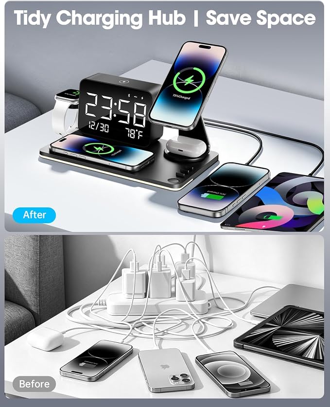7-in-1 Magnetic Wireless Charging Station with Digital Clock & LED Lamp | 65W Power Adapter, 25W Fast Charging, 6-Device Charging Hub, Rotatable Stand, Bluetooth TimeSync, Qi Magsafe Compatible - Image 7