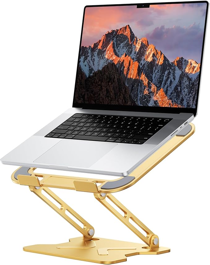 JCZT Adjustable Laptop Stand for Desk, Metal Foldable Laptop Riser, Gold | Ergonomic Portable Laptop Stand, Ventilated Cooling Computer Notebook Holder for MacBook Air Pro, All 10-16'' Laptops by JCZT