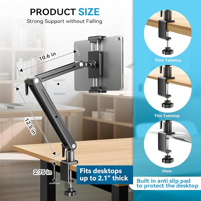 Portable Monitor Arm Mount Holder Screen Stand 18.5" 360° Rotating Base | Solid Aluminum,Tool-Free Tilt,No Sagging,Zero Plastic Joints,Hybrid Lock,Desk Protection Clamp for WFH Setups & Coding - Image 4