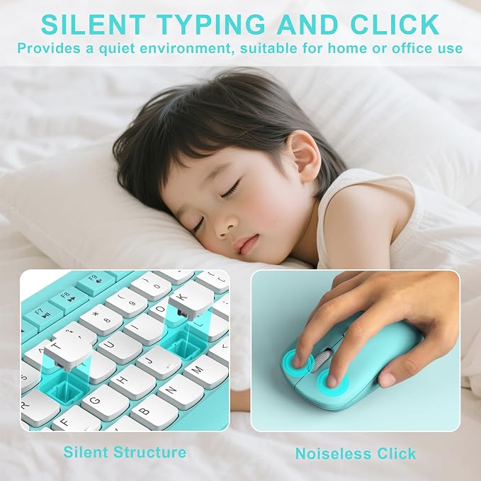 Wireless Keyboard and Mouse Combo Silent for Office and Home(Tifany Blue-B) | 2.4G Full Size Silent Cordless Keyboard with Tilt Legs,3-Level DPI Quiet Mouse,for Windows/Mac OS/Desktop/Laptop/PC - Image 3