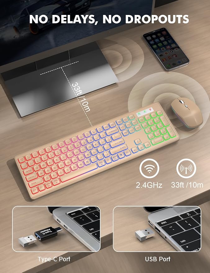 Wireless Keyboard and Mouse Combo with RGB Backlit, Rechargeable | Light Up Letters, Full-Size, Soft Typing, Sleep Mode, 2.4GHz Quiet Keyboard Set for Mac, Windows, Laptop, PC, Trueque KM42Pro - Image 4