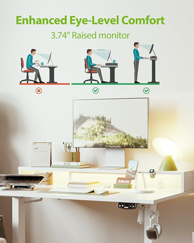 Agilestic 63 * 24 Inch Electric Standing Desk with Shelf & Led, White | Electric Height Adjustable, Outlets&Led, Monitor Stand, Sturdy Steel Frame, Memory Presets, Hooks, 154 lbs, Splice Board - Image 8