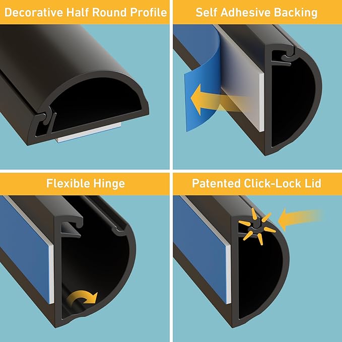 D-Line 13.12ft Cord Hider Kit, Patented Cable Cover, Hide Wires on Wall, Channel for TV Mount Cords, Raceway Wire Hiders, Paintable, Adhesive, Half Round, 4X 0.78in W x 0.39in H x 39in Lengths, Black - Image 3