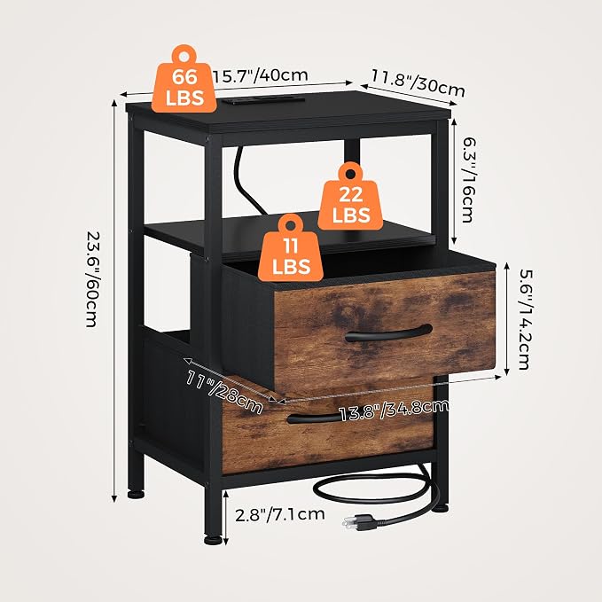 OLIXIS Nightstand with Charging Station, Beside Table with Fabric Drawers | 3-Tier End Table Set of 2 with Storage Shelf, Night Stand with USB Ports and Outlets for Bedroom, Rustic Brown and Black - Image 3