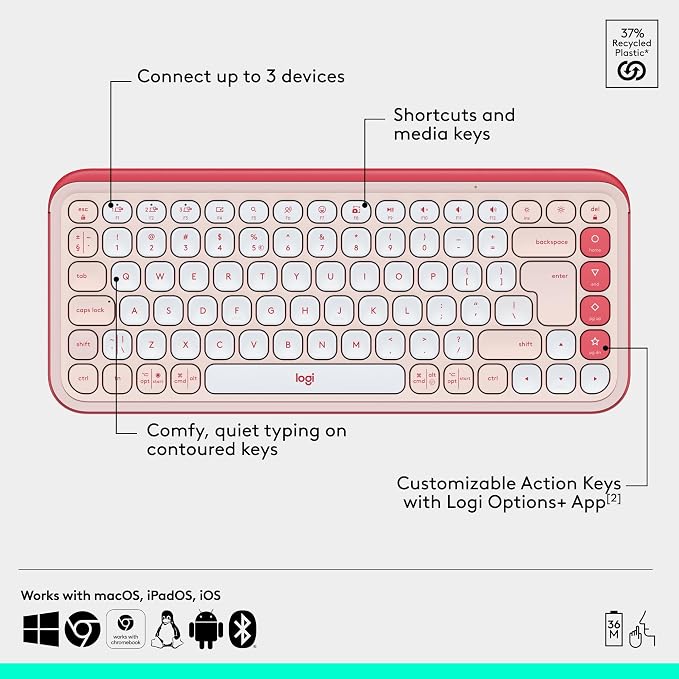 Logitech POP ICON Combo Wireless Bluetooth Keyboard and Mouse - Rose | Comfortable typing, programmable keys and buttons, quiet clicks, easy-switch up to 3 devices - Image 6