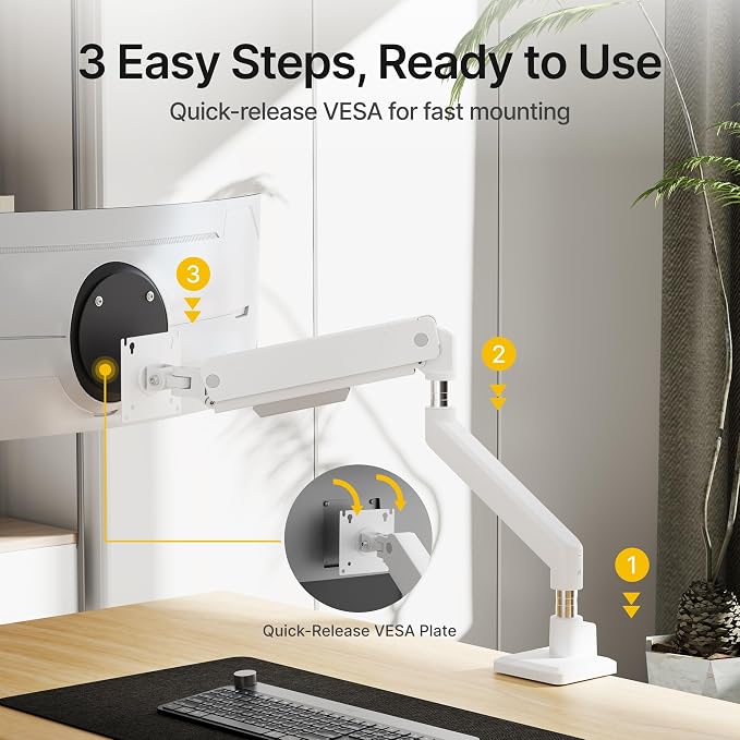 monTEK Single Monitor Arm for Max 45 Inch Ultrawide Screens, Holds 35 Lbs | Adjustable Monitor Desk Mount with C Clamp/Grommet Desk Mount, Cable Management, VESA 75/100mm, White - Image 4