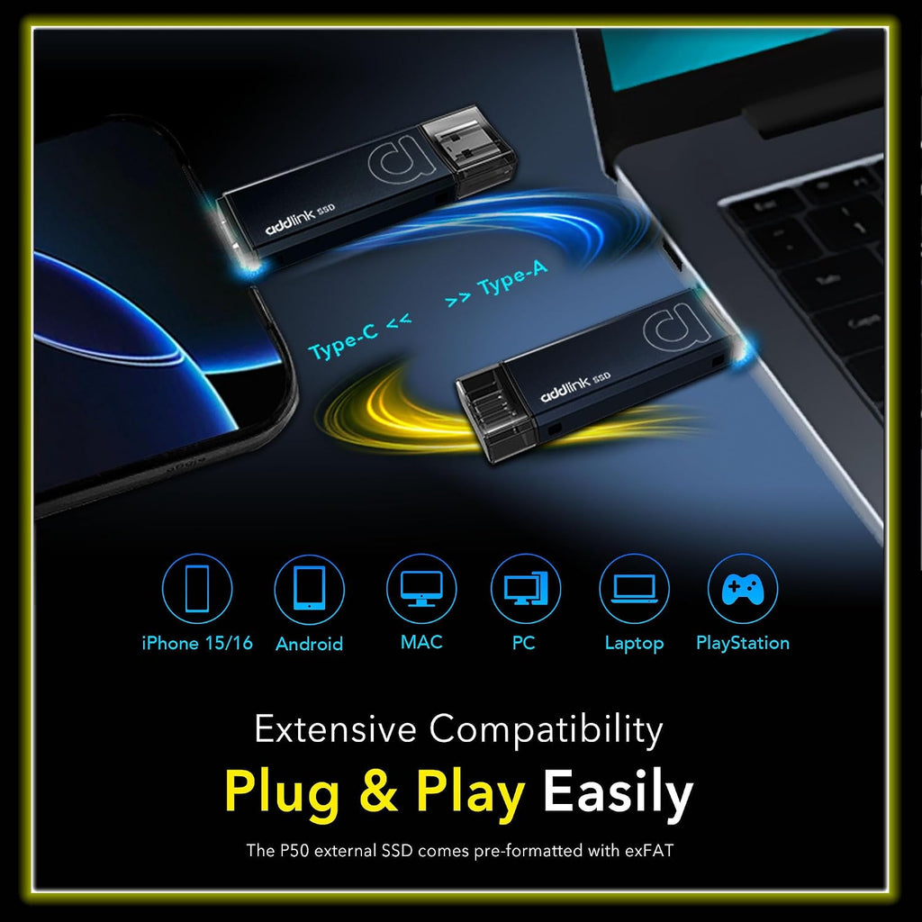 Addlink P50 2TB Mini Portable SSD Stick 1050MB/s USB 3.2 Gen 2 Dual Type-C & Type-A Thumb Drive External Solid State Drive for iPhone 16/15 Pro Max ProRes,Steam Deck, PS5, Teslacar (Metal) - Image 4