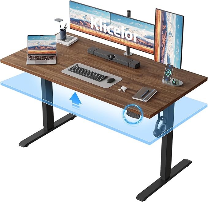 Klicelor 55 Inch Large Electric Standing Desk, Height Adjustable Office Desk, Sit Stand Up Computer Gaming Desk with Memory Preset, Two-Piece Desktop, Dark Walnut by Unknown