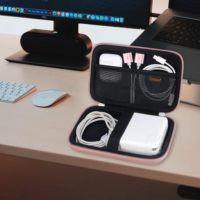 Canboc Carrying Case for MacBook Air Pro Charger MagSafe/MagSafe 2 Power Adapter, iPhone 16/16 Pro MagSafe Charger, USB C Hub, Type C Hub, USB Multiport Adapter, Hard Bag, Rose Gold+Black - Image 7