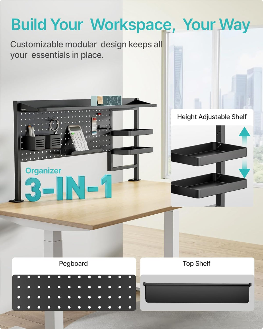 44" Clamp on Desk Shelf, Desktop Shelving System, Bundle with 8 Pieces Accessories, Black - Image 5
