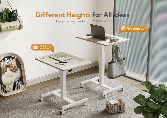 Claiks Mobile Rolling Desk Small Portable Laptop Cart on Wheels 28" Natural | Rolling Adjustable Desk, Lockable Wheels, Gas Spring Lift, Side Hook, Easy Assembly - Image 5