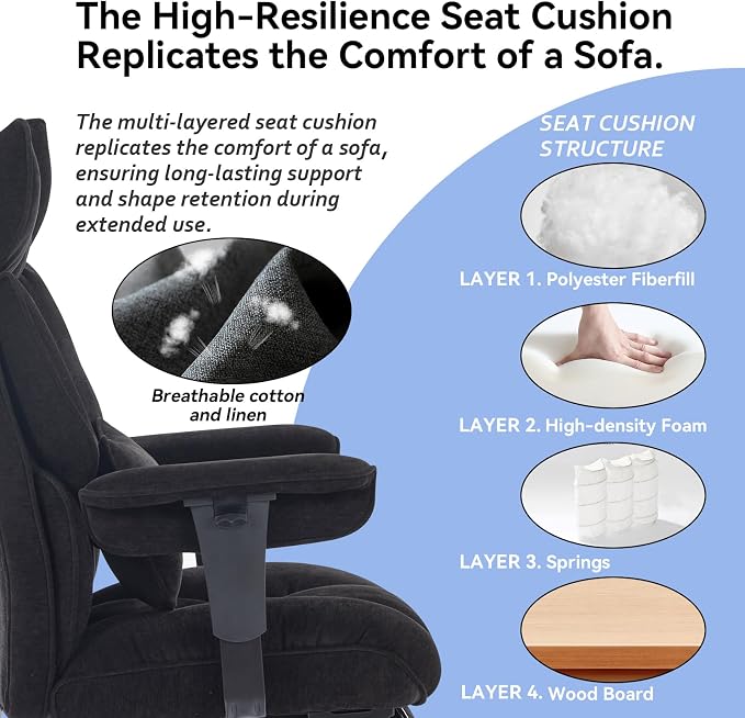 Efomao Executive Office Chair 400lbs, Black Fabric Big and Tall Desk Chair | Breathable fabric, pocket spring & foam seat, retractable footrest, 135° recline for computer gaming setup - Image 3
