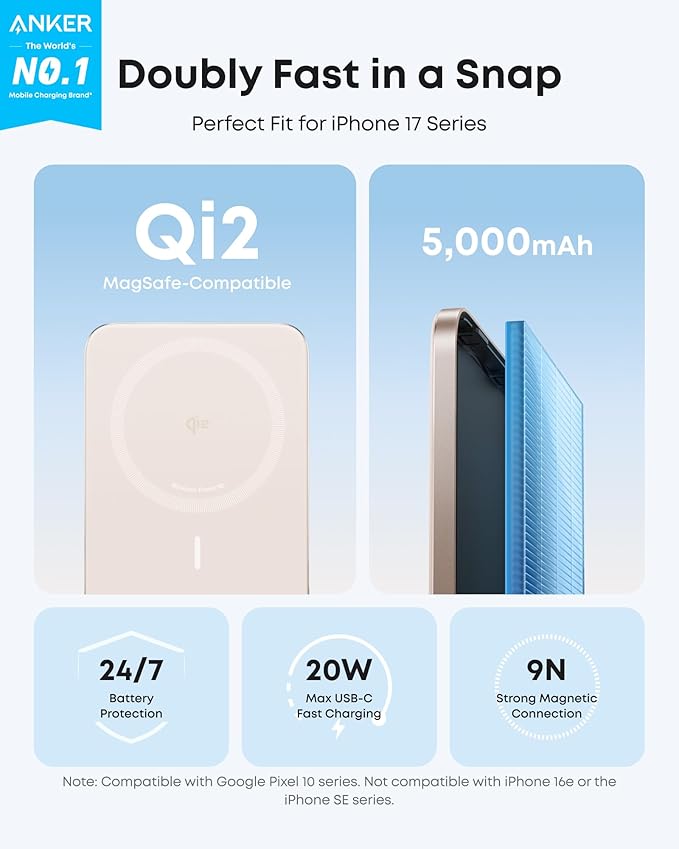 Anker Nano Magnetic Power Bank, 5,000mAh Qi2-Certified 15W Portable Charger (Golden) | Ultra-Slim Wireless Battery Pack with Ergonomic Design, Compact for Travel, for iPhone 17 / 16 Series and More - Image 2