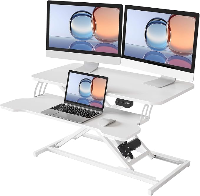 YIHAYO Electric Standing Desk Converter 32 inch, Sit to Stand Up Height Adjustable Desk Riser, Quick Sit to Stand Tabletop Dual Monitor Riser Workstation for Home Office with Keyboard Tray, White by YIHAYO
