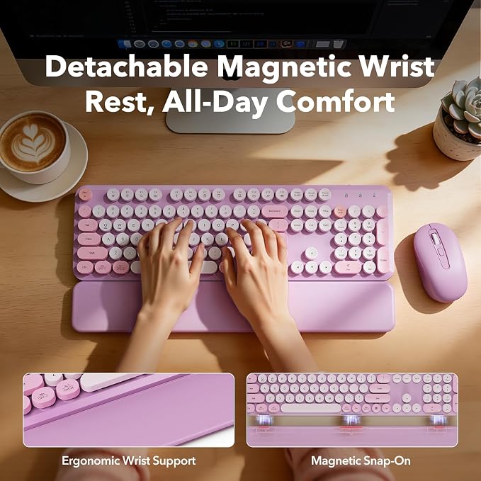 Wireless Keyboard Mouse Combo, Purple, Round Keycaps, Magnetic Wrist Rest | Full-size typewriter-style keyboard, 3 DPI mouse, auto sleep, 2.4GHz for Mac Windows PC laptop, lavender purple, Trueque CK23 - Image 2