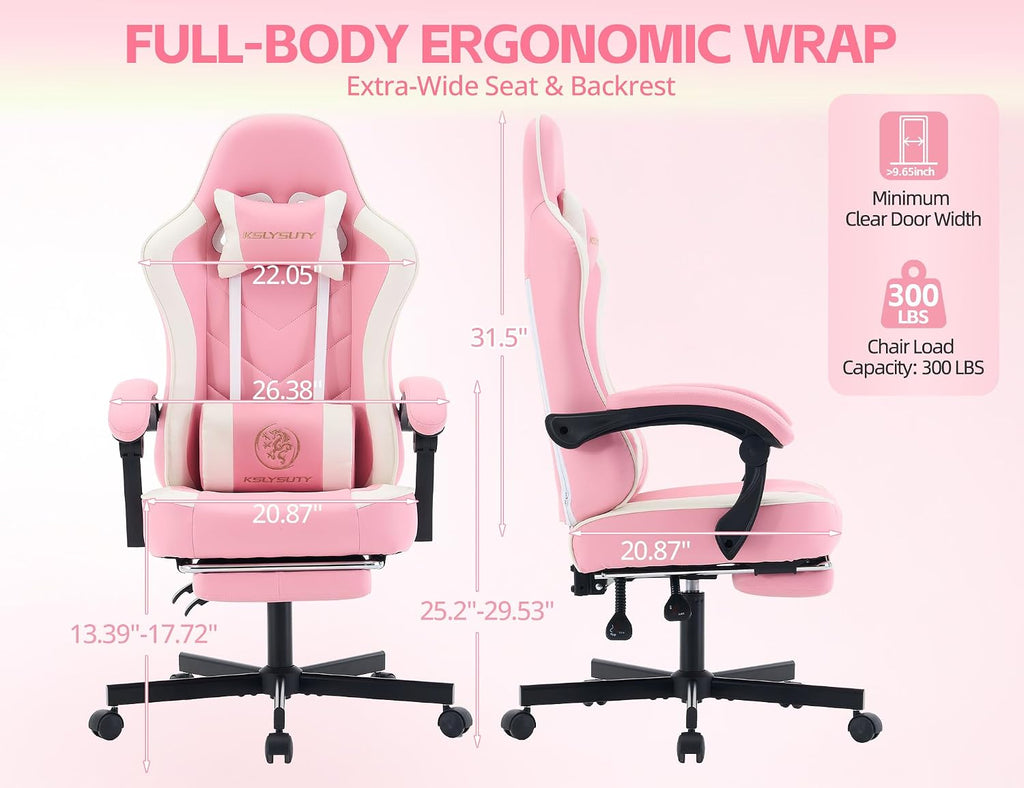 Office Desk Computer Gaming Chair for Adults, Ergonomic High Back Gamer Chair with Massage and Pocket Spring Cushion, Swivel Comfy Video Game Chairs with Footrest and Lumbar Support (Pink White) - Image 2