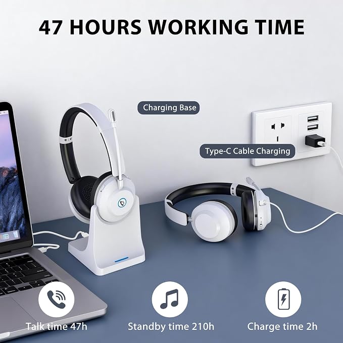 Bluetooth Headset with Microphone, Wireless Headset AI Noise Cancelling | Computer Headphone for Clear Call＆Meeting 47H Work, Dual-Mode Bluetooth 6.0 & 2.4GHz Dongle, Office/PC/Phone/Teams - Image 6