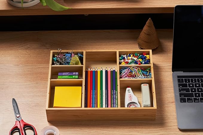 Bamboo Desk Drawer Organizer, Wood Junk Organizer Tray with Adjustable Dividers, Anti-Skip Storage Organization in Office Bathroom Drawer for Vanity, Makeup, 12" x 9" - Image 5