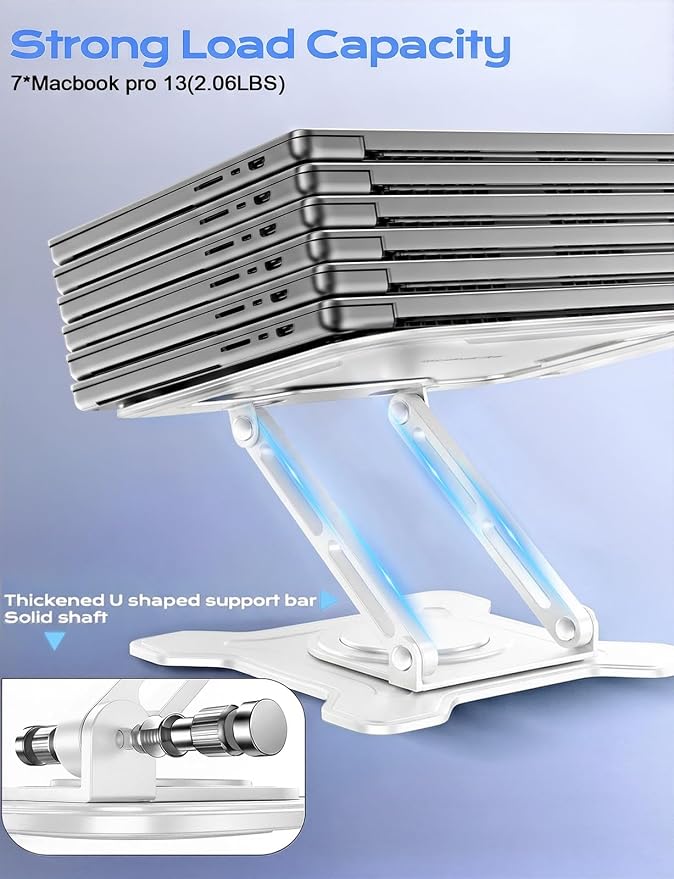 JCZT 360° Rotating Laptop Stand for Desk, Metal Foldable Laptop Riser White | Ergonomic Portable Adjustable Laptop Stand, Ventilated Cooling Notebook Holder for MacBook Air Pro, All 10-16'' Laptops - Image 5